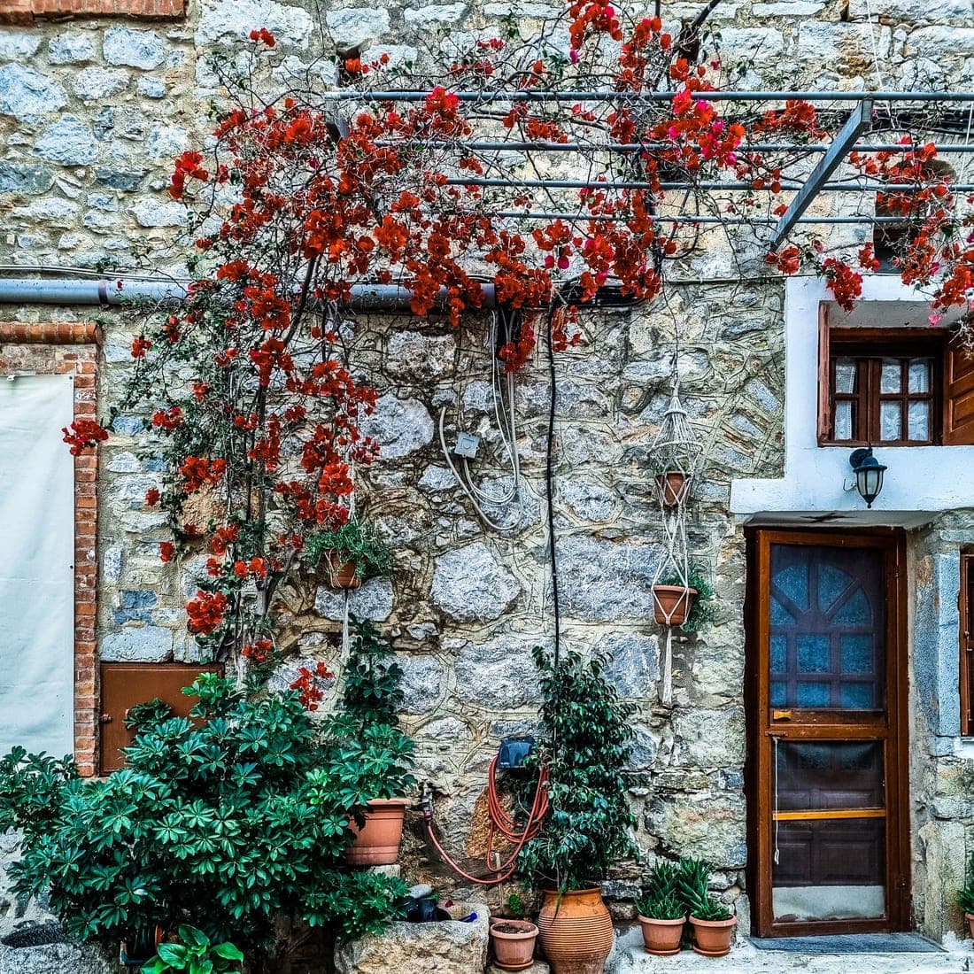The stone-fronted entrance to our clinic on Example Street, framed by potted plants